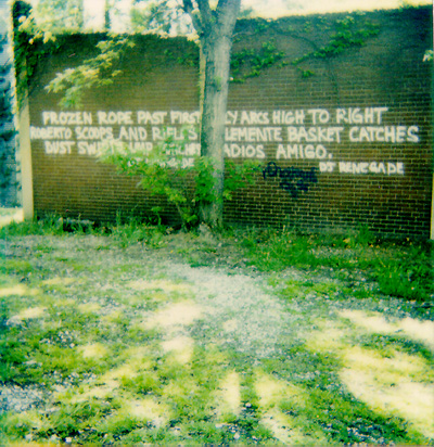 Scanned polaroid of back of Forbes Field wall 
with spray-painted poems.