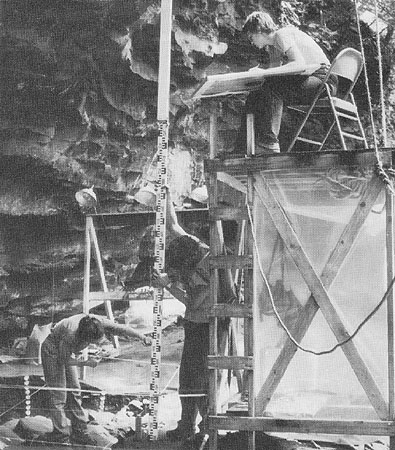 Scanned image of archaeologists excavating Indian rock shelter in 
North Park.