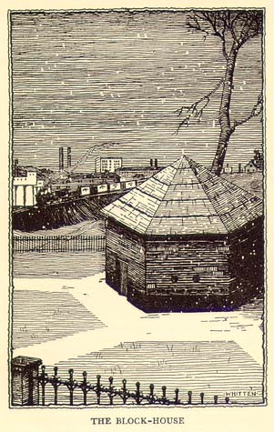 Scanned drawing
of the Block House in the snow.