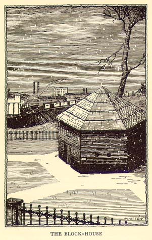 Scanned drawing
of the Block House in the snow.