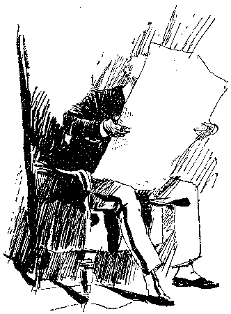 Scanned drawing of a seated gentleman reading a newspaper.