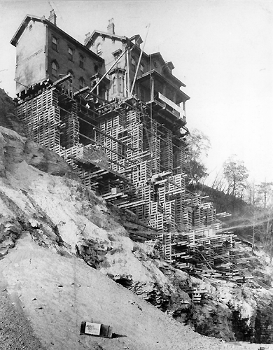 Scanned photo of the Brown house being moved.