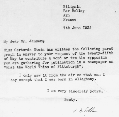 Scanned image of a letter from Gertrude Stein.