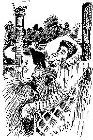 Drawing of a woman in a wicker chair reading.