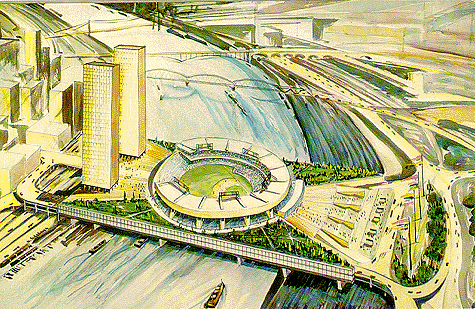 Scanned postcard of a once-proposed stadium.