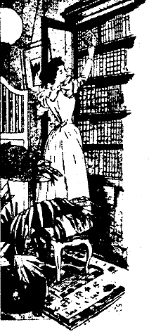 Drawing of a lady at a bookcase.