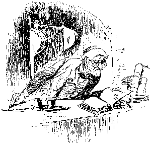 Scanned drawing of an odd-looking gentleman perusing a book.