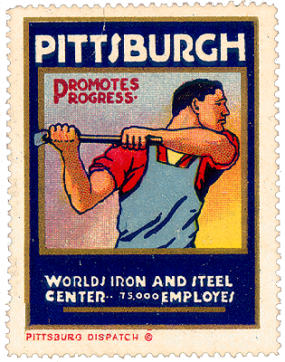 Scanned stamp of worker wielding sledge hammer.
