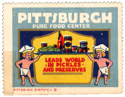 Scanned stamp of two cherubic chefs holding up a tray of
pickles and preserves.
