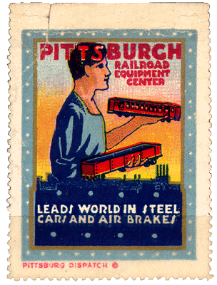 Scanned stamp of a towering human figure holding railroad cars.