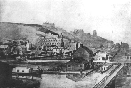 Old_illustration_presenting_view_of_canal_and_footbridge.