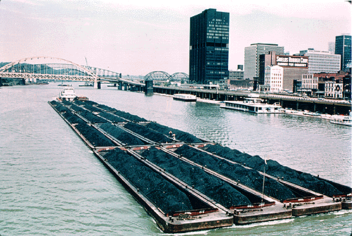 Photo of barge traffic on the Monongahela River.