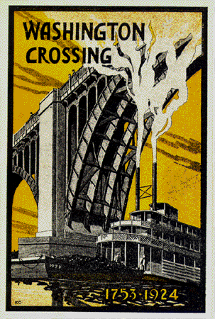 Black,_yellow_and_white_graphic_of_the_40th_St._Bridge_with_a_coal_barge_beneath.
