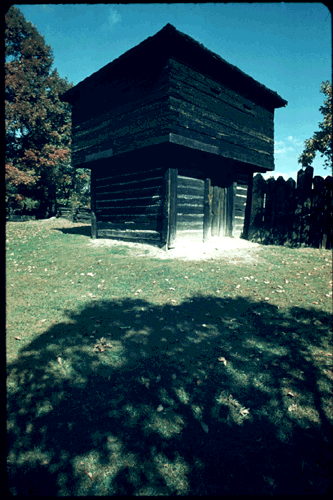 Scanned slide of blockhouse at Meadowcroft.