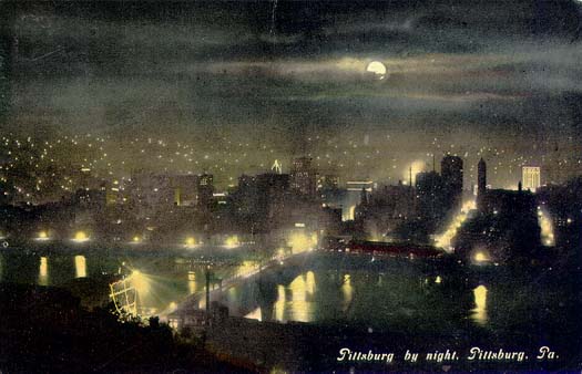 Scanned postcard of smoky Pittsburgh in
moonlight.