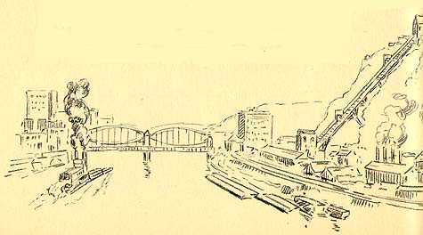 Scanned drawing:
A view of Smithfield St.Bridge and Monongahela Incline.