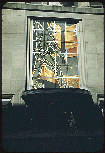 Scanned slide of carved glass mural--The Puddler.