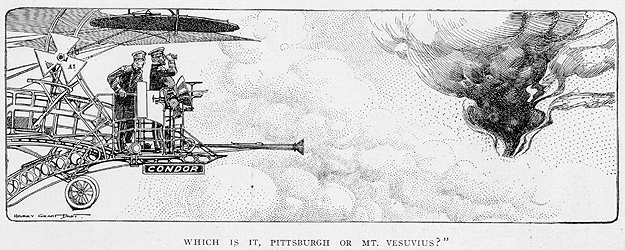 Scanned cartoon of billows of smoke through the clouds.