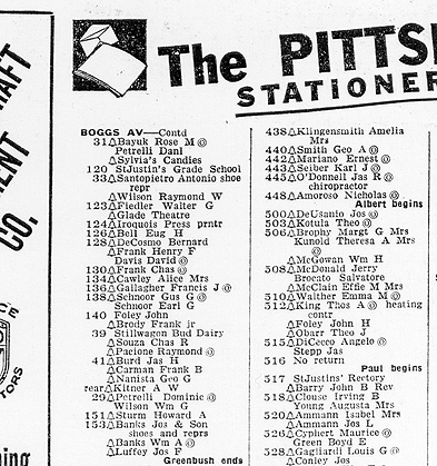 Scanned entry for Boggs Avenue, 1950 Pittsburgh city directory.