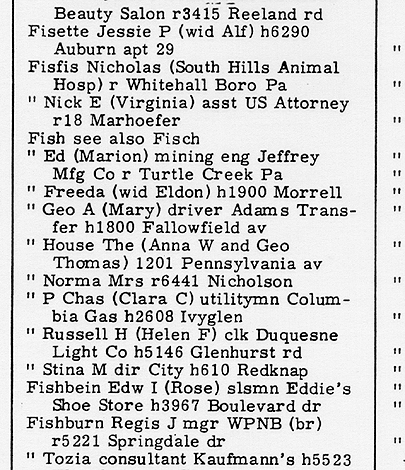 Scanned entry for The Fish House, 1964 Pittsburgh city directory.