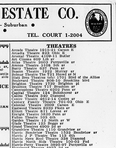 Scanned entry for theaters, 1950 Pittsburgh city directory.