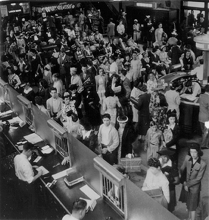 Scanned photo of Greyhound Station interior, 1950s.
