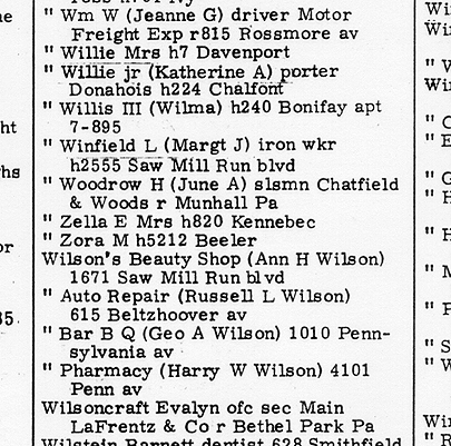 Scanned entry for Wilson's Barbecue, 1964 Pittsburgh city 
directory.